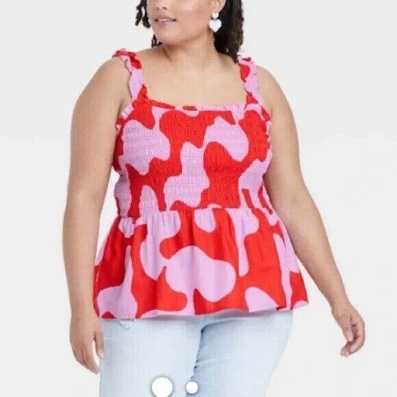 Ava & Viv Smocked Peplum Plus Size Top, Orange/Pink - Picture 1 of 6